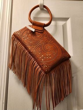 Boho Chic Fringed Laser-Cut Leather Wristlet Bag - Tan